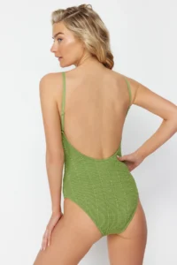 TRENDYOLMİLLA Green Low-cut back V-neck Covered Regular Swimsuit - Image 4