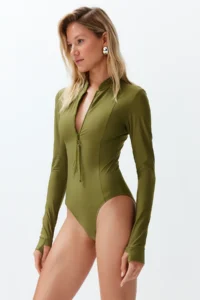 TRENDYOLMİLLA Khaki Quick Dry Material Zippered Surfer Covered hipster Swimsuit - Image 3