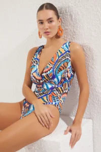 TRENDYOLMİLLA Ethnic Patterned Drapeli Deep V-neck Covered Regular Swimsuit - Image 2