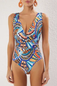 TRENDYOLMİLLA Ethnic Patterned Drapeli Deep V-neck Covered Regular Swimsuit - Image 3