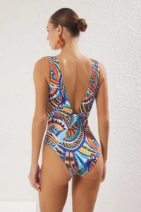 TRENDYOLMİLLA Ethnic Patterned Drapeli Deep V-neck Covered Regular Swimsuit - Image 4