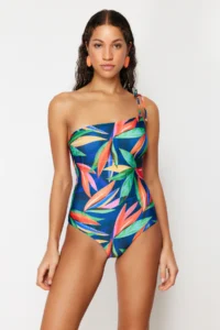 TRENDYOLMİLLA Tropical Patterned tied up One Shoulder Covered Regular Swimsuit