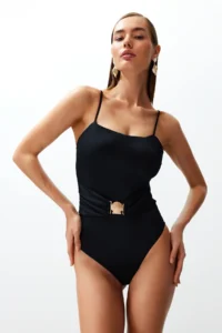 TRENDYOLMİLLA Black with accessories Square Neck Covered Regular Swimsuit - Image 3