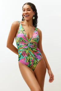 TRENDYOLMİLLA Tropical Patterned Knotted Deep V-neck Covered brazilian Swimsuit - Image 2