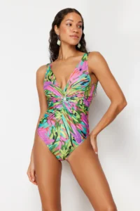 TRENDYOLMİLLA Tropical Patterned Knotted Deep V-neck Covered brazilian Swimsuit - Image 3