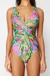 TRENDYOLMİLLA Tropical Patterned Knotted Deep V-neck Covered brazilian Swimsuit - Image 5