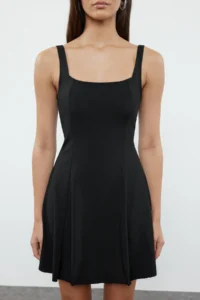 TRENDYOLMİLLA Black Plain Square Neck Covered Basic Skirt Swimsuit - Image 3