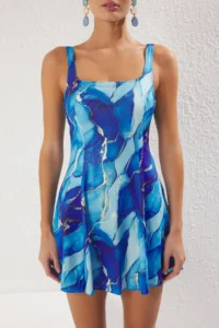 TRENDYOLMİLLA Abstract Patterned Square Neck Covered Skirt Swimsuit - Image 3