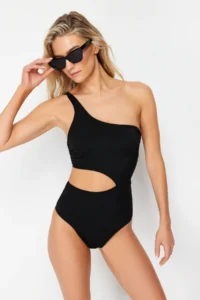 TRENDYOLMİLLA Black Cut Out/Window Detailed One Shoulder Covered Brazilian Swimsuit