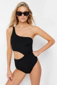 TRENDYOLMİLLA Black Cut Out/Window Detailed One Shoulder Covered Brazilian Swimsuit - Image 2
