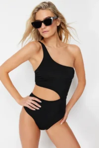 TRENDYOLMİLLA Black Cut Out/Window Detailed One Shoulder Covered Brazilian Swimsuit - Image 3