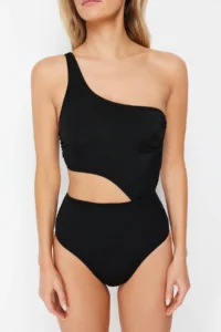 TRENDYOLMİLLA Black Cut Out/Window Detailed One Shoulder Covered Brazilian Swimsuit - Image 4