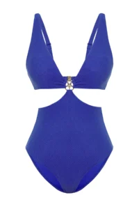 TRENDYOLMİLLA Saks Blue textured V-neck Covered Premium Yıldız with accessories Regular Swimsuit - Image 5