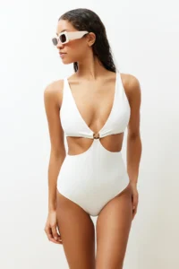 TRENDYOLMİLLA Ecru textured V-neck Covered Premium Yıldız with accessories Regular Swimsuit - Image 2