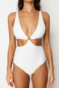 TRENDYOLMİLLA Ecru textured V-neck Covered Premium Yıldız with accessories Regular Swimsuit - Image 4