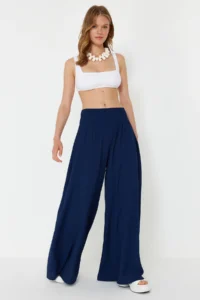 TRENDYOLMİLLA beachwear Navy Blue Weaving Gipelli Maxi High Waist Pants - Image 3