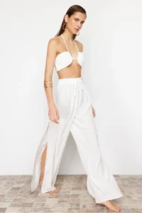 TRENDYOLMİLLA Ecru Weaving slit Maxi Beach High Waist Pants