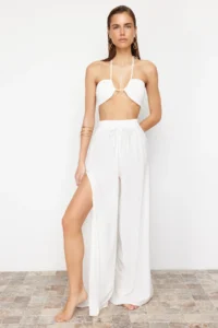 TRENDYOLMİLLA Ecru Weaving slit Maxi Beach High Waist Pants - Image 3