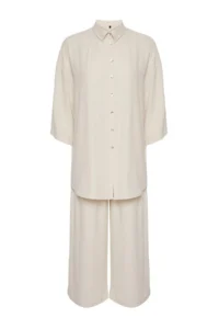 TRENDYOLMİLLA Ecru Weaving Beach Shirt-Pants Set - Image 7