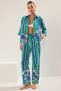 TRENDYOLMİLLA Striped Weaving 100% Cotton Beach Shirt-Pants Set