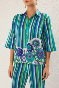 TRENDYOLMİLLA Striped Weaving 100% Cotton Beach Shirt-Pants Set - Image 3