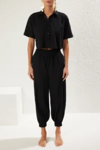 TRENDYOLMİLLA Black Weaving 100% Cotton Beach Shirt-Pants Set - Image 3