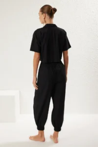 TRENDYOLMİLLA Black Weaving 100% Cotton Beach Shirt-Pants Set - Image 5