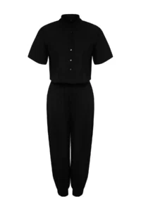 TRENDYOLMİLLA Black Weaving 100% Cotton Beach Shirt-Pants Set - Image 6
