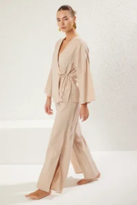 TRENDYOLMİLLA Beige Weaving Binding Detailed Maxi Beach High Waist Shirt-Pants Set