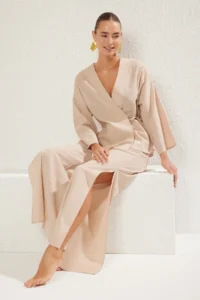TRENDYOLMİLLA Beige Weaving Binding Detailed Maxi Beach High Waist Shirt-Pants Set - Image 2