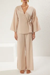 TRENDYOLMİLLA Beige Weaving Binding Detailed Maxi Beach High Waist Shirt-Pants Set - Image 3
