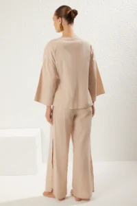 TRENDYOLMİLLA Beige Weaving Binding Detailed Maxi Beach High Waist Shirt-Pants Set - Image 5