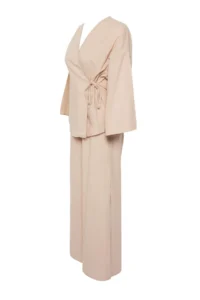 TRENDYOLMİLLA Beige Weaving Binding Detailed Maxi Beach High Waist Shirt-Pants Set - Image 6