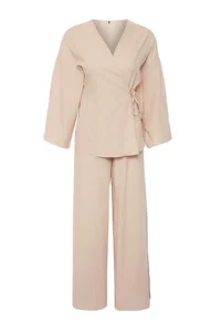 TRENDYOLMİLLA Beige Weaving Binding Detailed Maxi Beach High Waist Shirt-Pants Set - Image 7