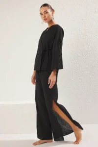 TRENDYOLMİLLA Black Weaving Binding Detailed Maxi Beach High Waist Shirt-Pants Set - Image 2
