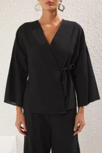TRENDYOLMİLLA Black Weaving Binding Detailed Maxi Beach High Waist Shirt-Pants Set - Image 3
