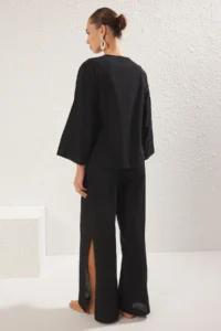 TRENDYOLMİLLA Black Weaving Binding Detailed Maxi Beach High Waist Shirt-Pants Set - Image 5