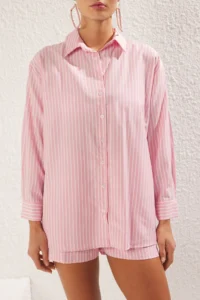 TRENDYOLMİLLA Striped Weaving Beach Shirt Shorts Set - Image 3