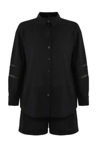 TRENDYOLMİLLA Black Weaving striped Beach Shirt Shorts Set - Image 6