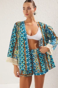 TRENDYOLMİLLA Ethnic Patterned Weaving Tassel High Waist 100% Cotton Beach Mini Kimono-Shorts Set