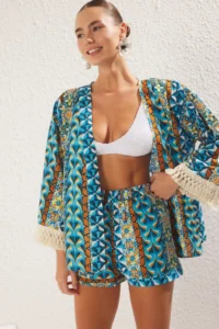TRENDYOLMİLLA Ethnic Patterned Weaving Tassel High Waist 100% Cotton Beach Mini Kimono-Shorts Set - Image 2