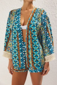 TRENDYOLMİLLA Ethnic Patterned Weaving Tassel High Waist 100% Cotton Beach Mini Kimono-Shorts Set - Image 3