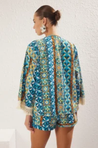 TRENDYOLMİLLA Ethnic Patterned Weaving Tassel High Waist 100% Cotton Beach Mini Kimono-Shorts Set - Image 5