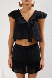 TRENDYOLMİLLA Black Weaving Frilly Beach Blouse-Skirt Set - Image 3