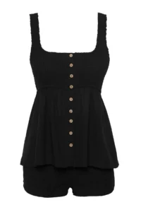 TRENDYOLMİLLA Black Weaving Gipelli Beach Blouse-Shorts Set - Image 7