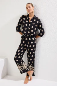 TRENDYOLMİLLA Tropical Patterned Weaving Beach Shirt-Pants Set