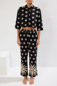TRENDYOLMİLLA Tropical Patterned Weaving Beach Shirt-Pants Set - Image 3