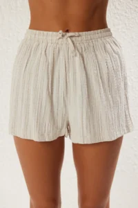 TRENDYOLMİLLA Ecru Weaving Shirred Beach Mini High Waist Shirt Shorts Set - Image 4