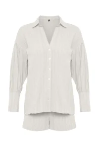 TRENDYOLMİLLA Ecru Weaving Shirred Beach Mini High Waist Shirt Shorts Set - Image 6