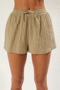 TRENDYOLMİLLA Khaki Weaving Shirred Beach Mini High Waist Shirt Shorts Set - Image 4